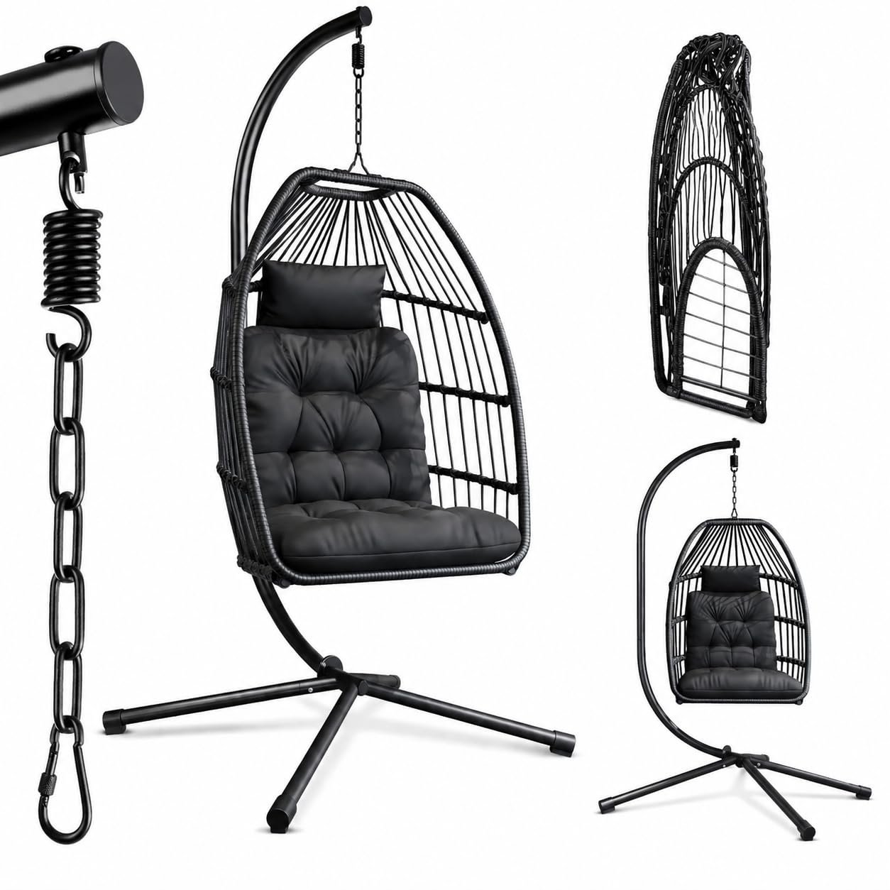 61H5MtHVF1L Xbro Hängesessel Polyrattan 360° Drehbar mit Gestell – Schwarz – Bild 1