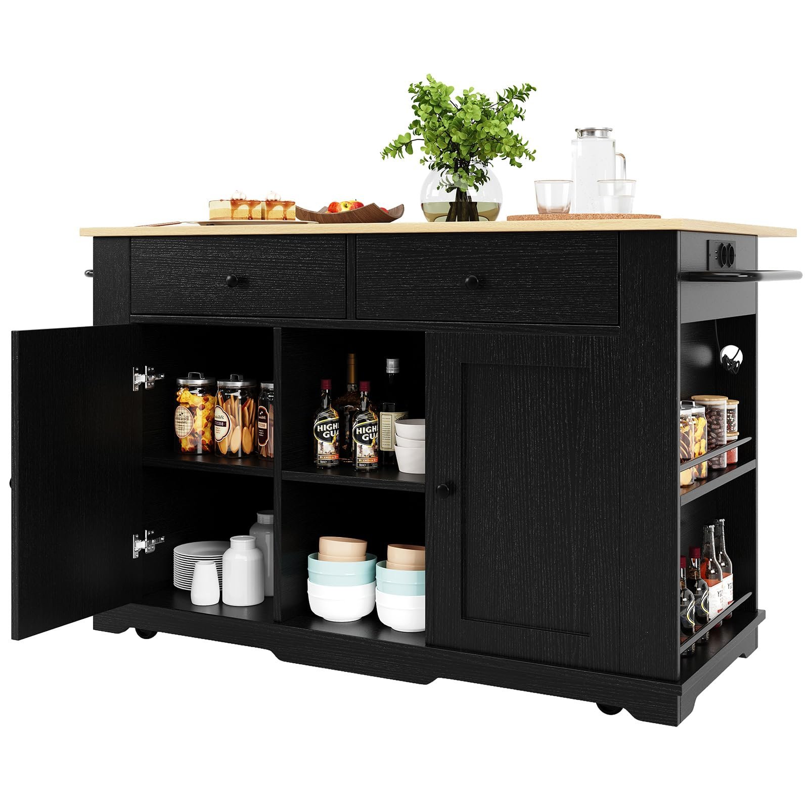 71AiaL-jz4L DRIXNO Kücheninsel 151 cm mit Steckdose & Holzoptik Schwarz – Bild 1