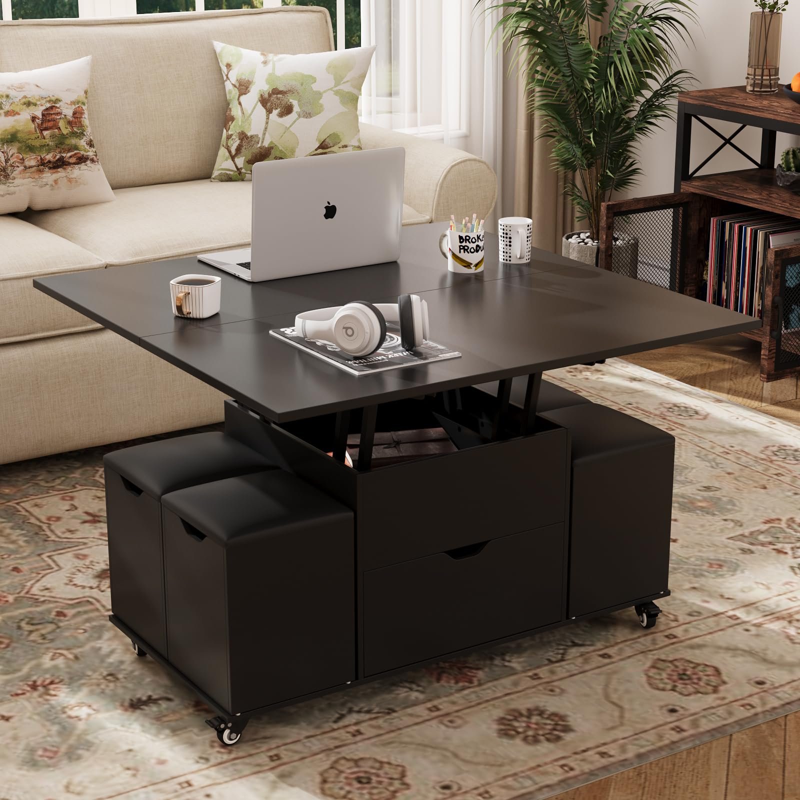 71Hy1iNL8sL VOWNER Couchtisch Höhenverstellbar 3-in-1 mit 4 Hockern – Bild 1