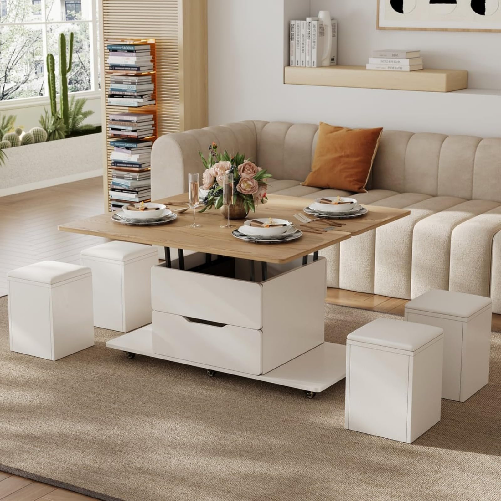 71Y0B5MZnpL Homary Couchtisch Höhenverstellbar 3-in-1 – Weiß & Natur – Bild 1