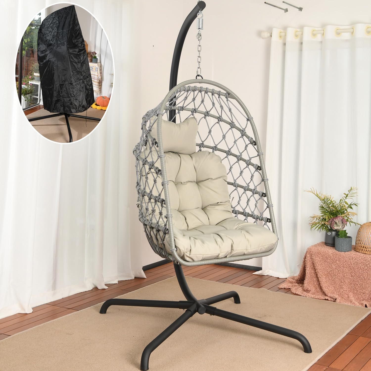 71dnbzAxbLL LKINBO Polyrattan Hängesessel mit Gestell bis 195 kg Grau – Bild 1